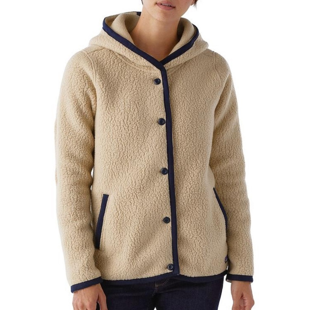 Patagonia Cream Sherpa Hooded Jacket with Navy Trim